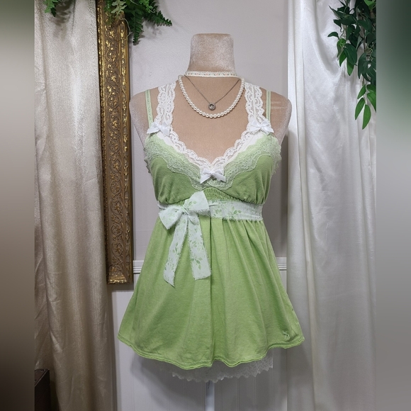 Abercrombie & Fitch Tops - ♡ Y2K ♡ Abercrombie & Fitch Lace Trim Green Babydoll Tank with Leaf Waist Tie